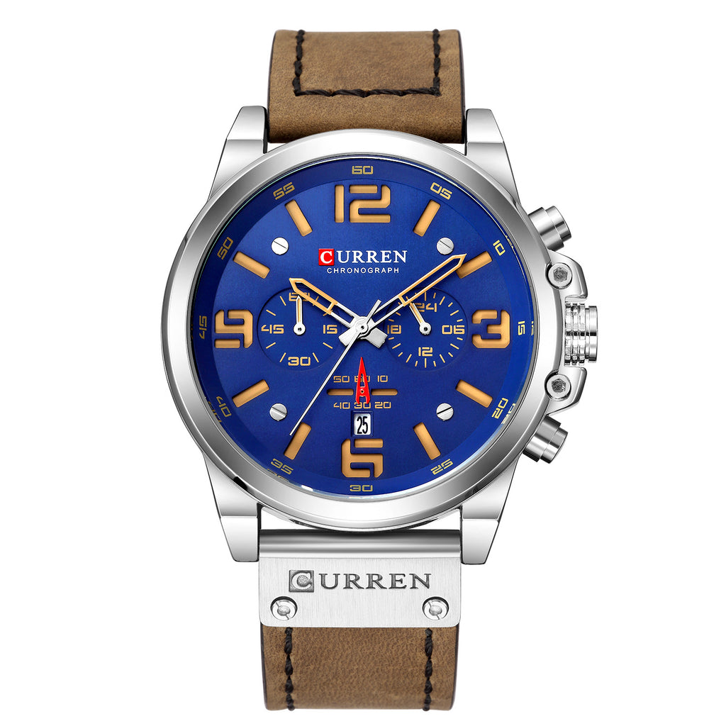 6-Needle Quartz Watch with Calendar and Waterproof Strap